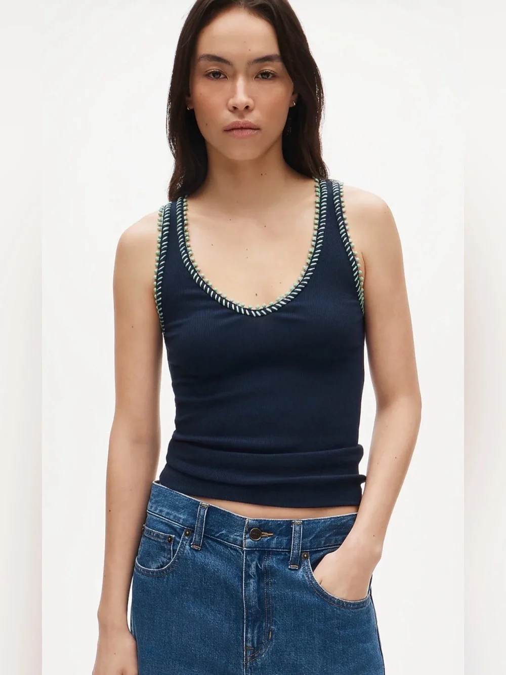 New! J.Crew Perfect rib V-neck tank top with hand-stitched trim in Navy